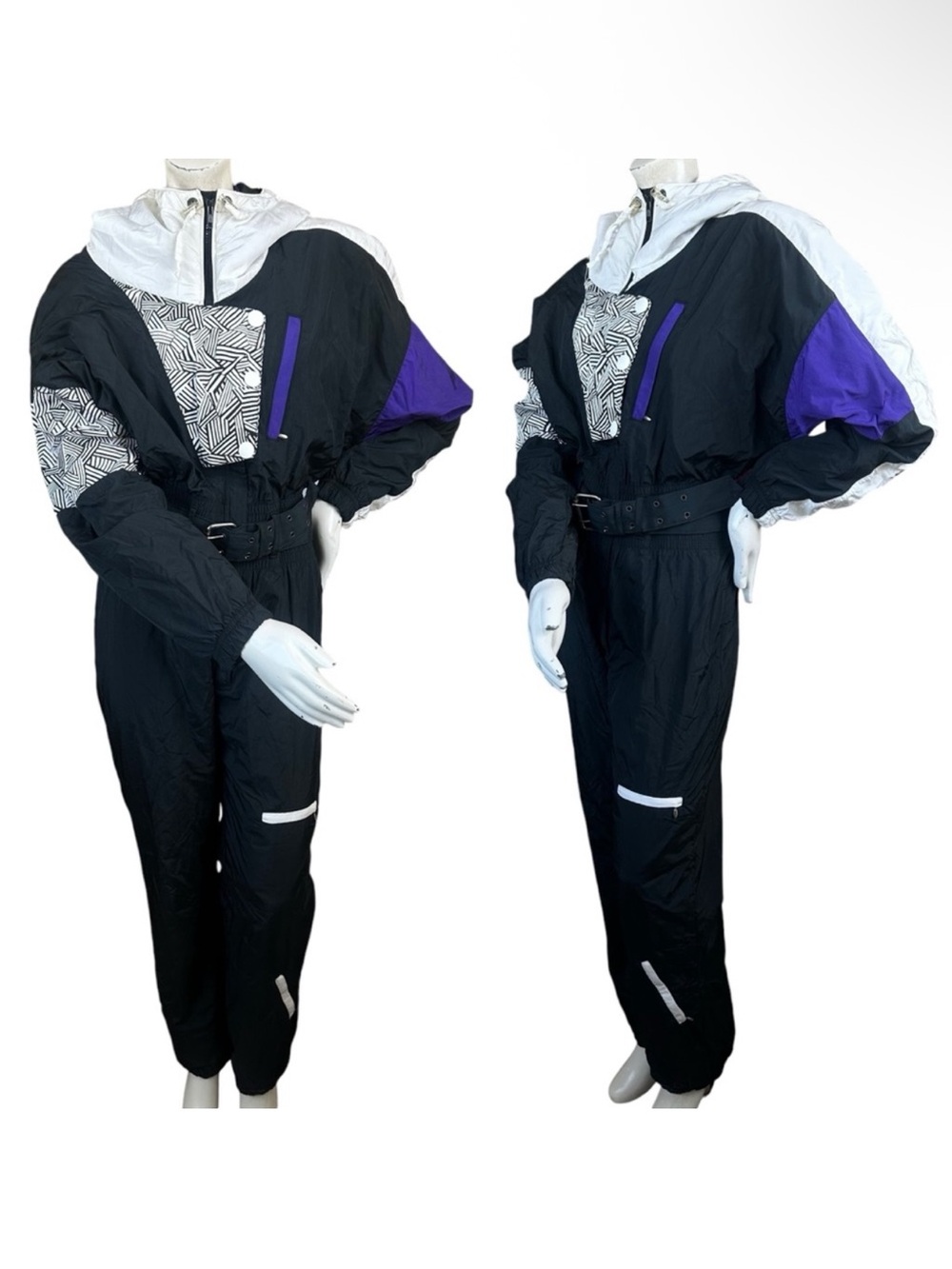 Vintage 80s 90s Serac USA MADE Black & White Purple Geometric Print Snowsuit 12
